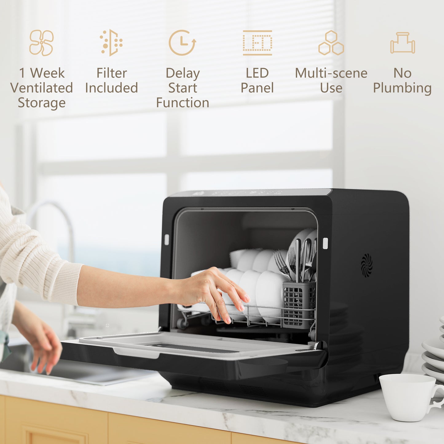 Worktop Dishwasher w/ 4 Place Settings 6 Programs, Black