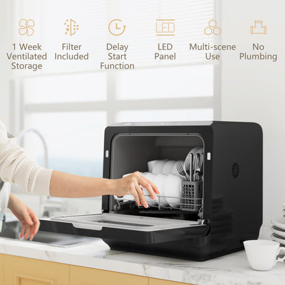 Worktop Dishwasher w/ 4 Place Settings 6 Programs, Black