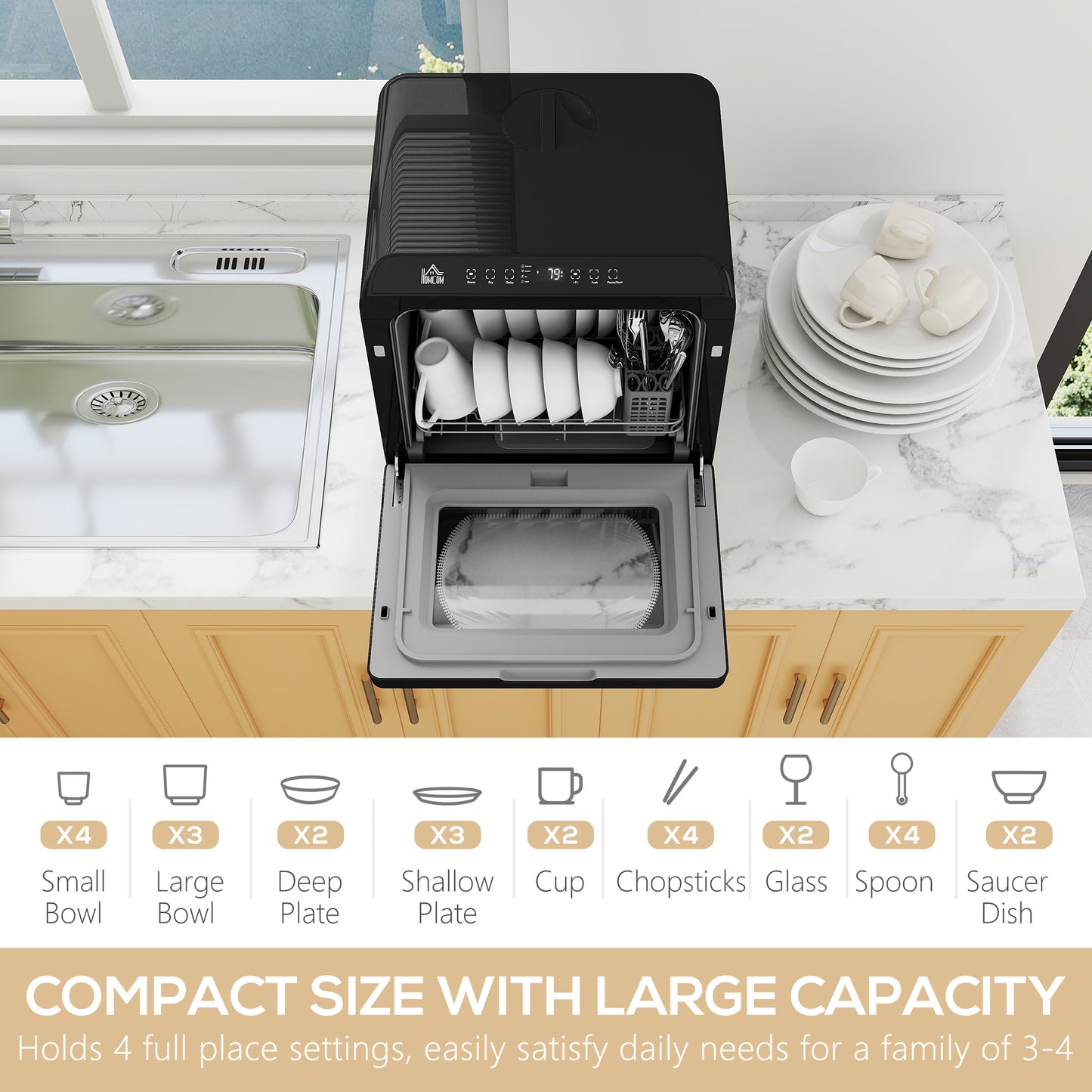 Worktop Dishwasher w/ 4 Place Settings 6 Programs, Black