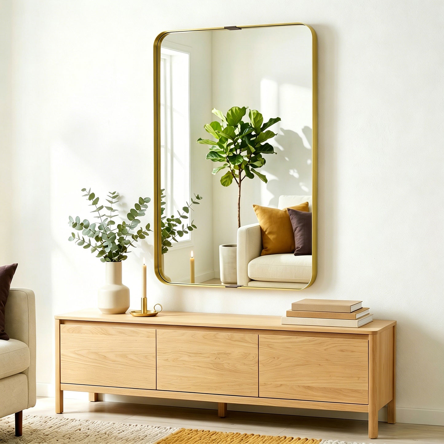 Wall Mirror with Elevated Aluminium Alloy Frame, 60 x 90 cm Bathroom Mirror with Tempered Glass for Living Room, Bedroom, Hallway, Gold Tone