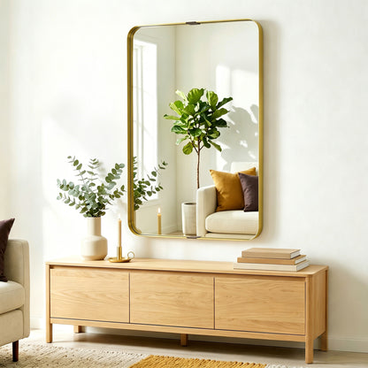 Wall Mirror with Elevated Aluminium Alloy Frame, 60 x 90 cm Bathroom Mirror with Tempered Glass for Living Room, Bedroom, Hallway, Gold Tone