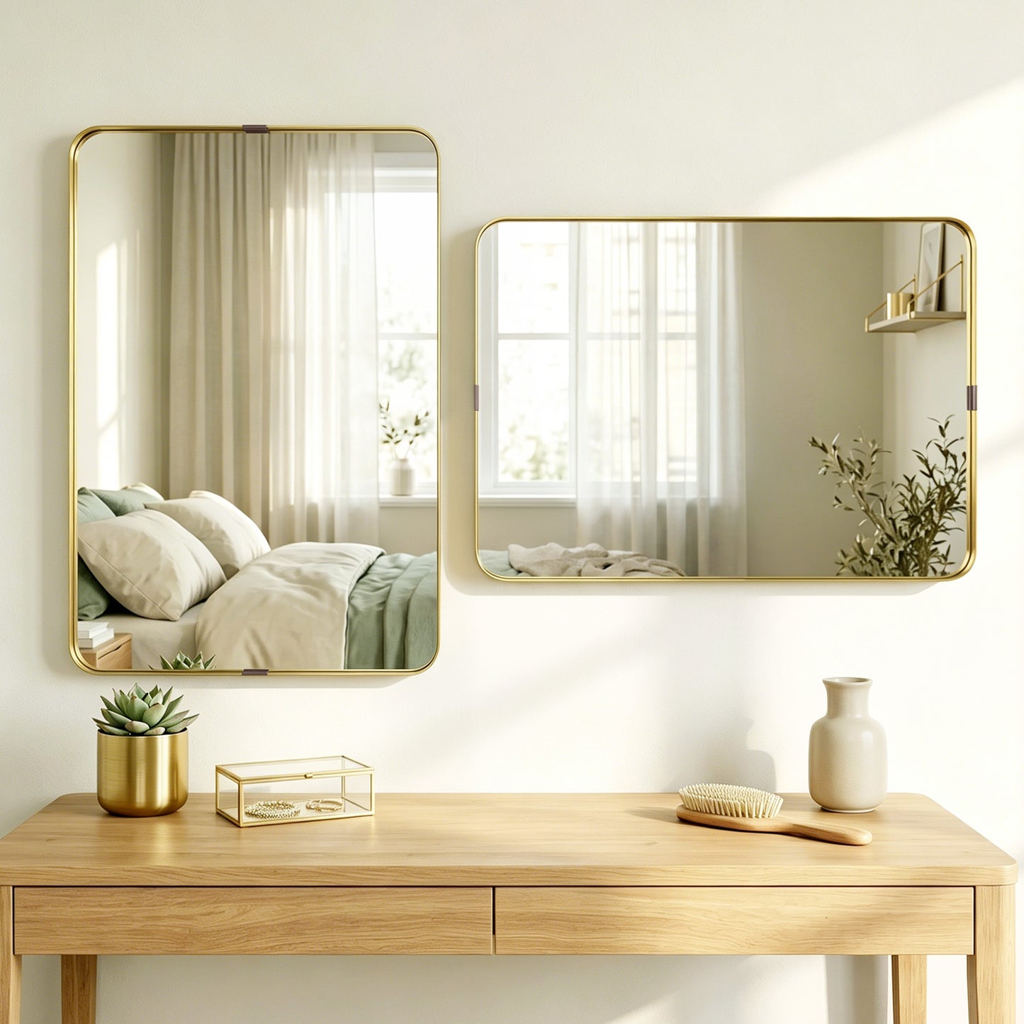 Wall Mirror with Elevated Aluminium Alloy Frame, 60 x 90 cm Bathroom Mirror with Tempered Glass for Living Room, Bedroom, Hallway, Gold Tone