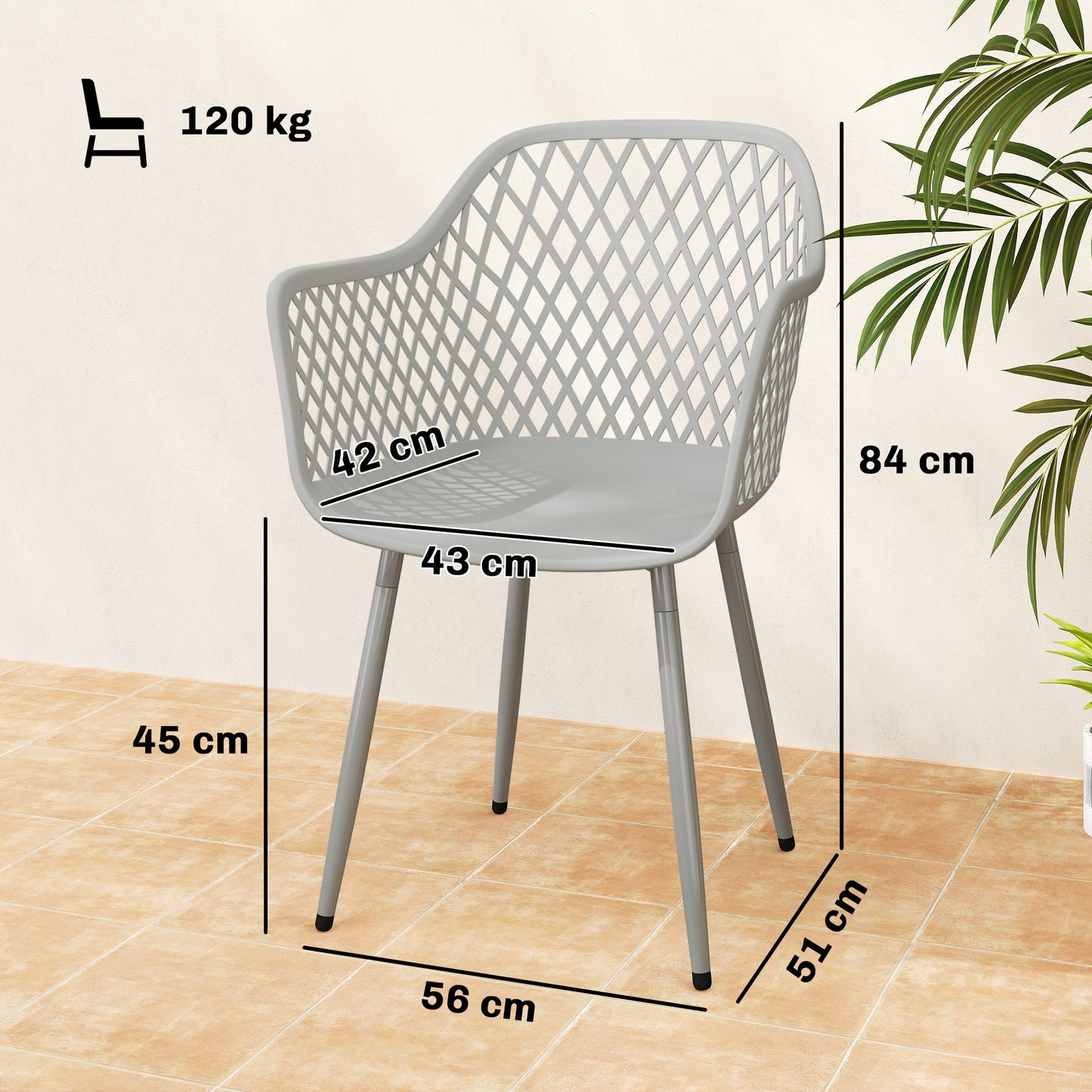 Garden Chairs Set of 4, Garden Dining Chairs with Armrests, Grey