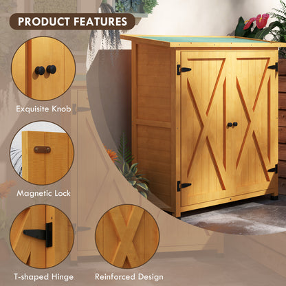 Wood Garden Storage Shed Tool Cabinet Organizer w/ Shelves, Yellow