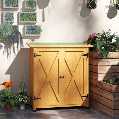 Wood Garden Storage Shed Tool Cabinet Organizer w/ Shelves, Yellow