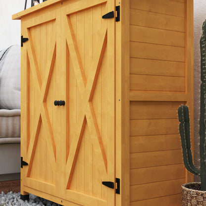 Wood Garden Storage Shed Tool Cabinet Organizer w/ Shelves, Yellow