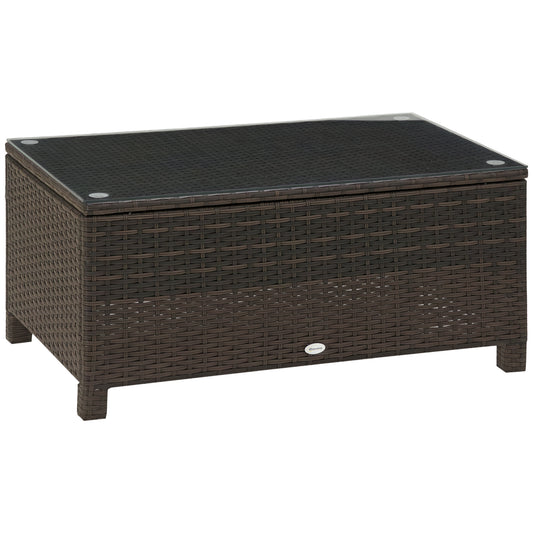 Garden Rattan Side Table,Wicker Coffee Desk, Glass Top, Mixed Brown