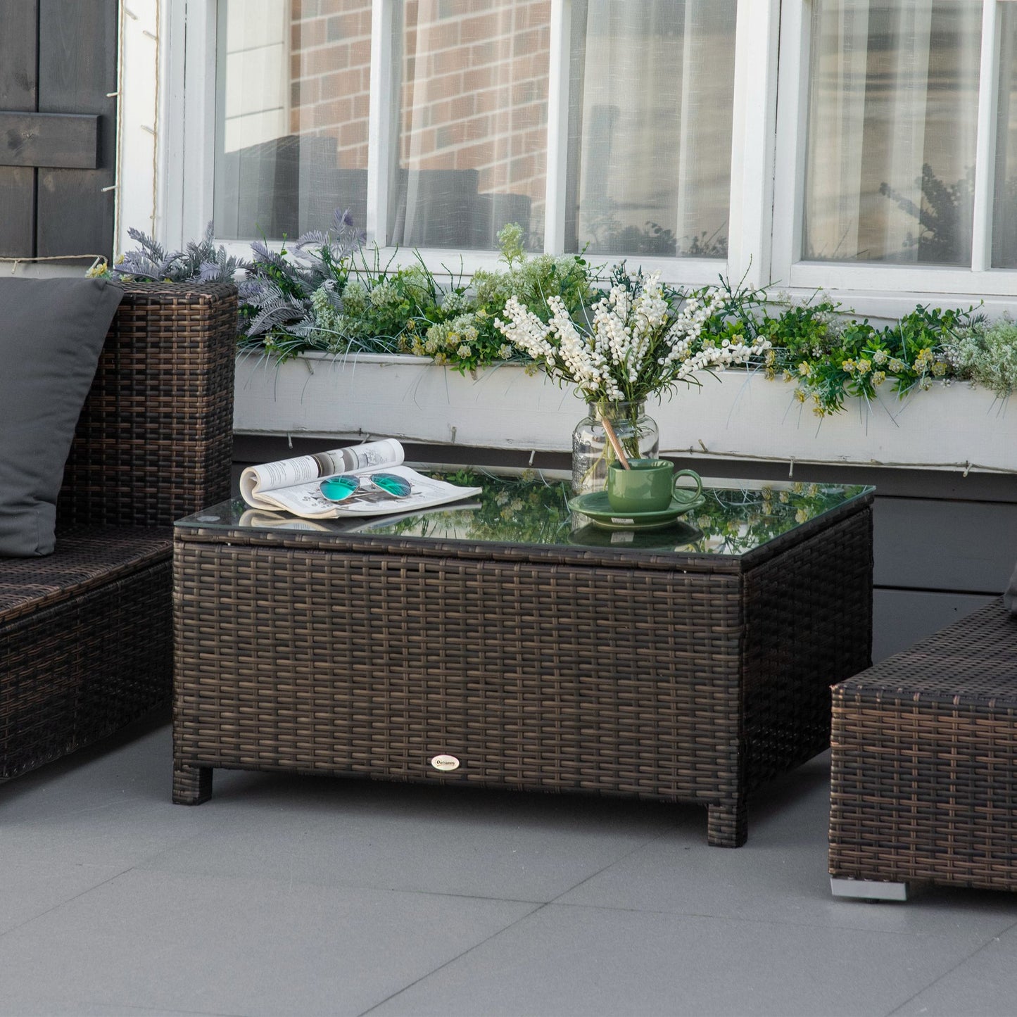 Garden Rattan Side Table,Wicker Coffee Desk, Glass Top, Mixed Brown