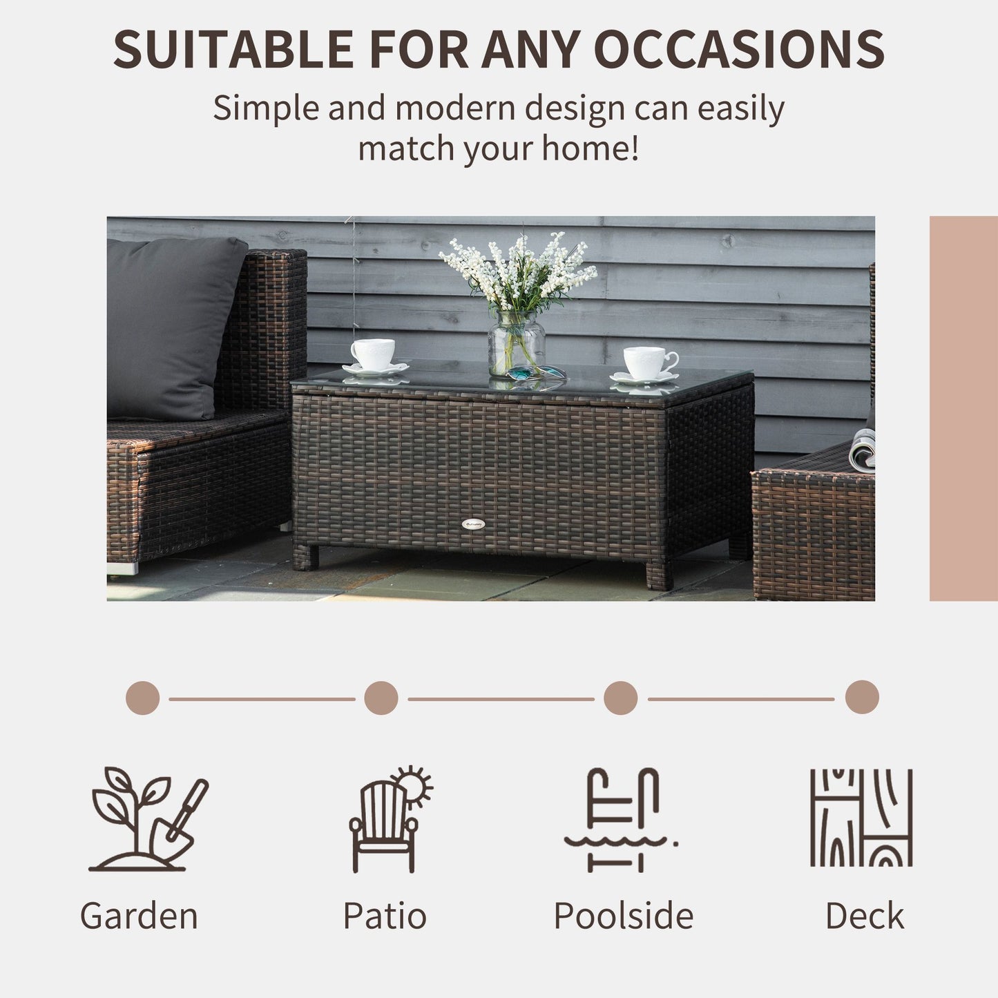 Garden Rattan Side Table,Wicker Coffee Desk, Glass Top, Mixed Brown