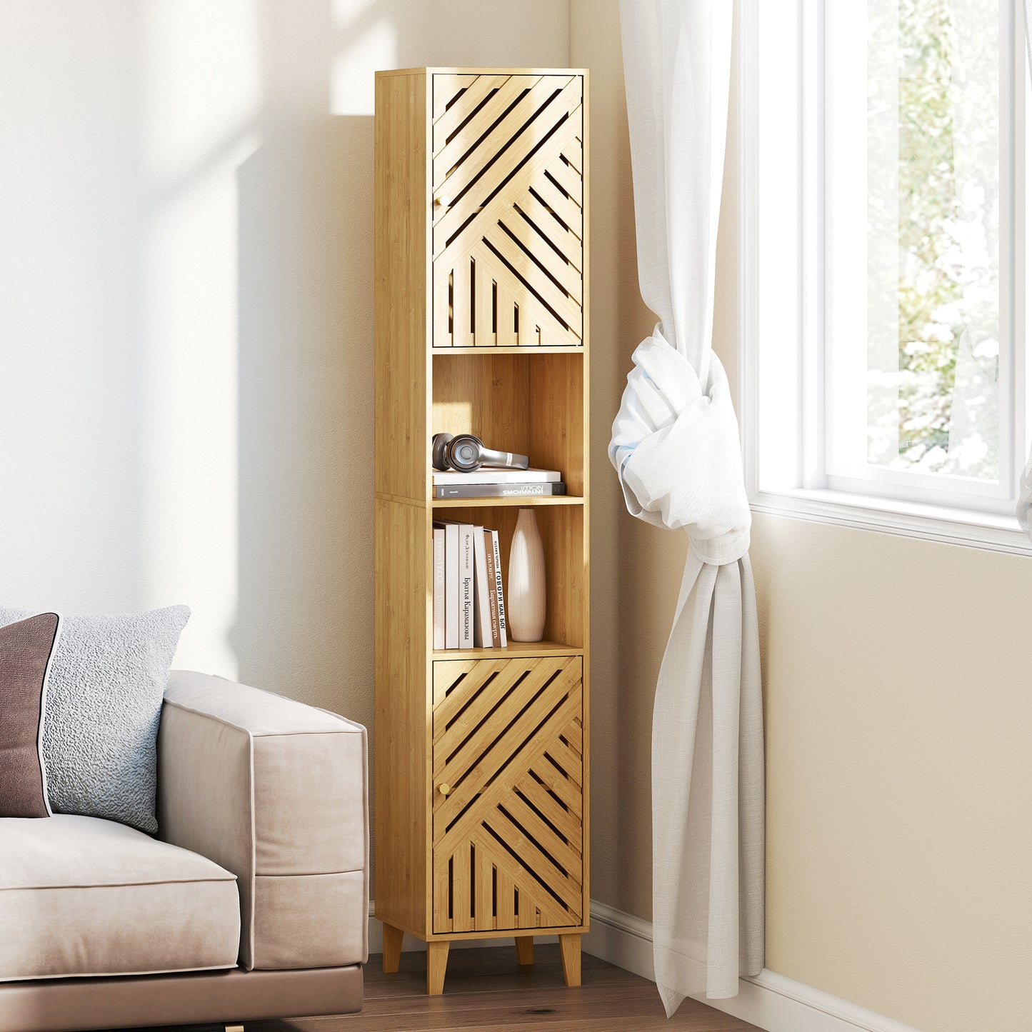 Tall Bathroom Cabinet with Open Compartments and Adjustable Shelves