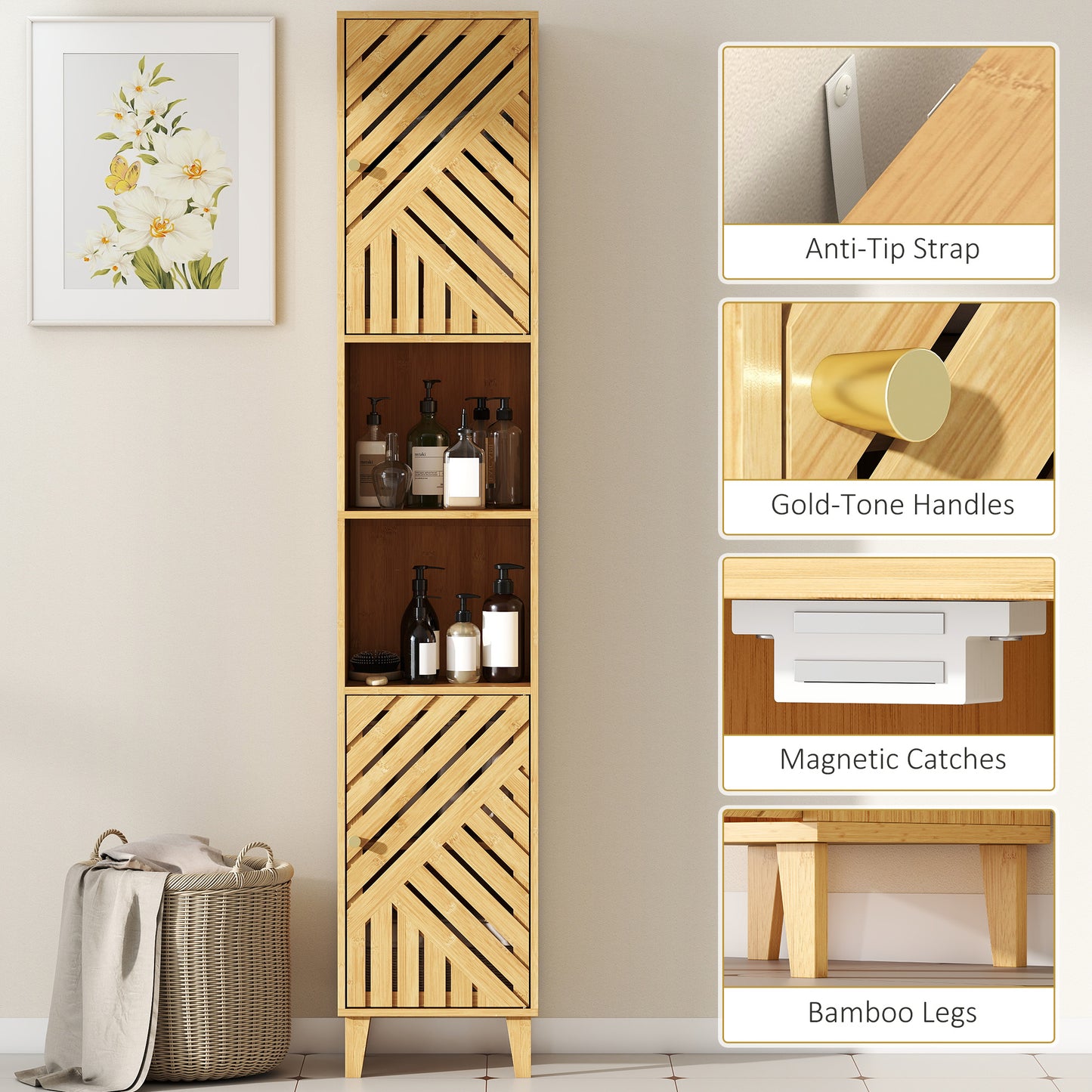 Tall Bathroom Cabinet with Open Compartments and Adjustable Shelves
