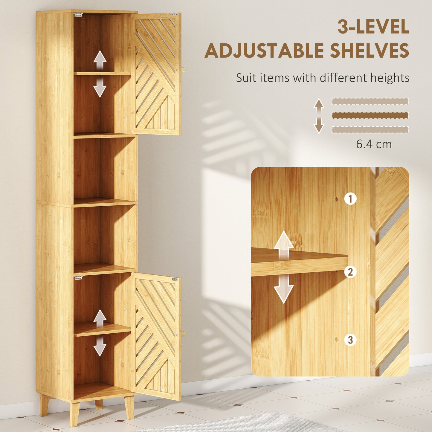 Tall Bathroom Cabinet with Open Compartments and Adjustable Shelves