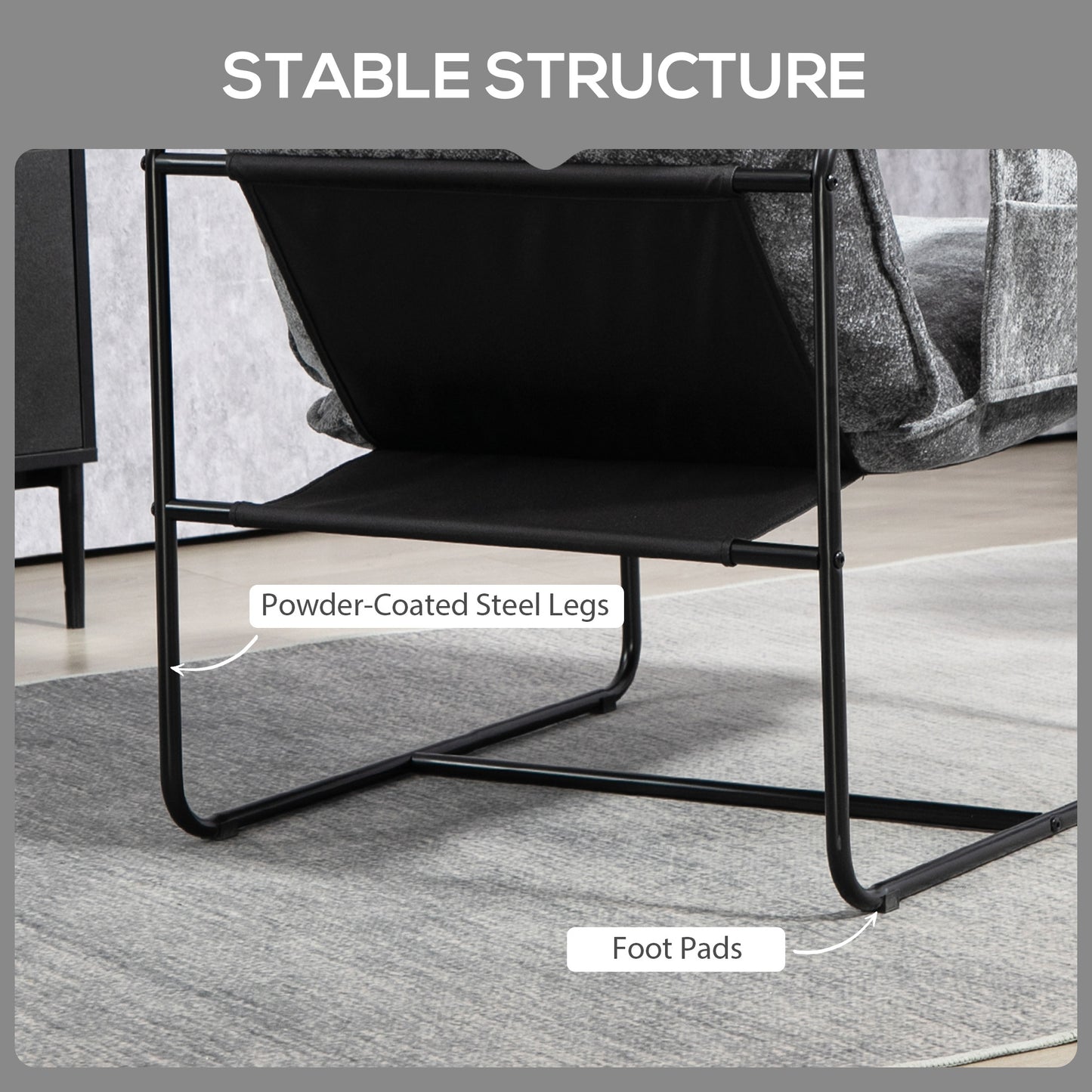 Upholstered Reading Chair with Side Pockets and Steel Frame, Grey