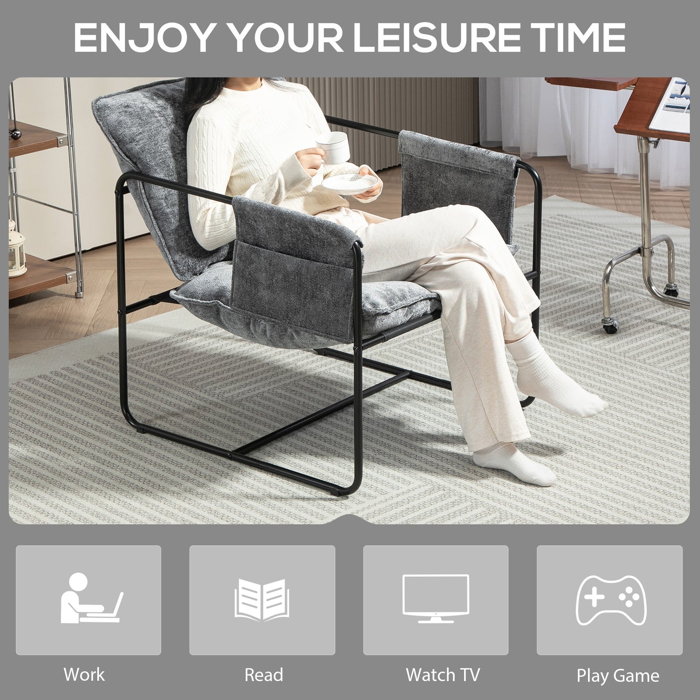 Upholstered Reading Chair with Side Pockets and Steel Frame, Grey