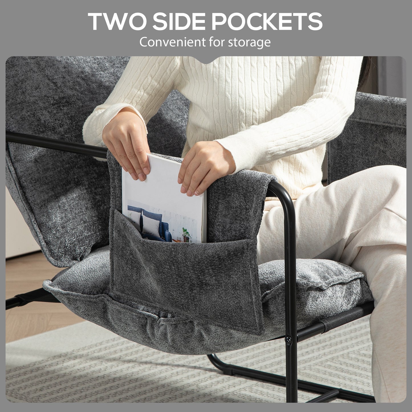 Upholstered Reading Chair with Side Pockets and Steel Frame, Grey