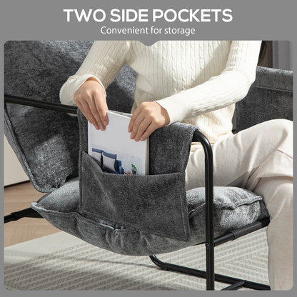 Upholstered Reading Chair with Side Pockets and Steel Frame, Grey