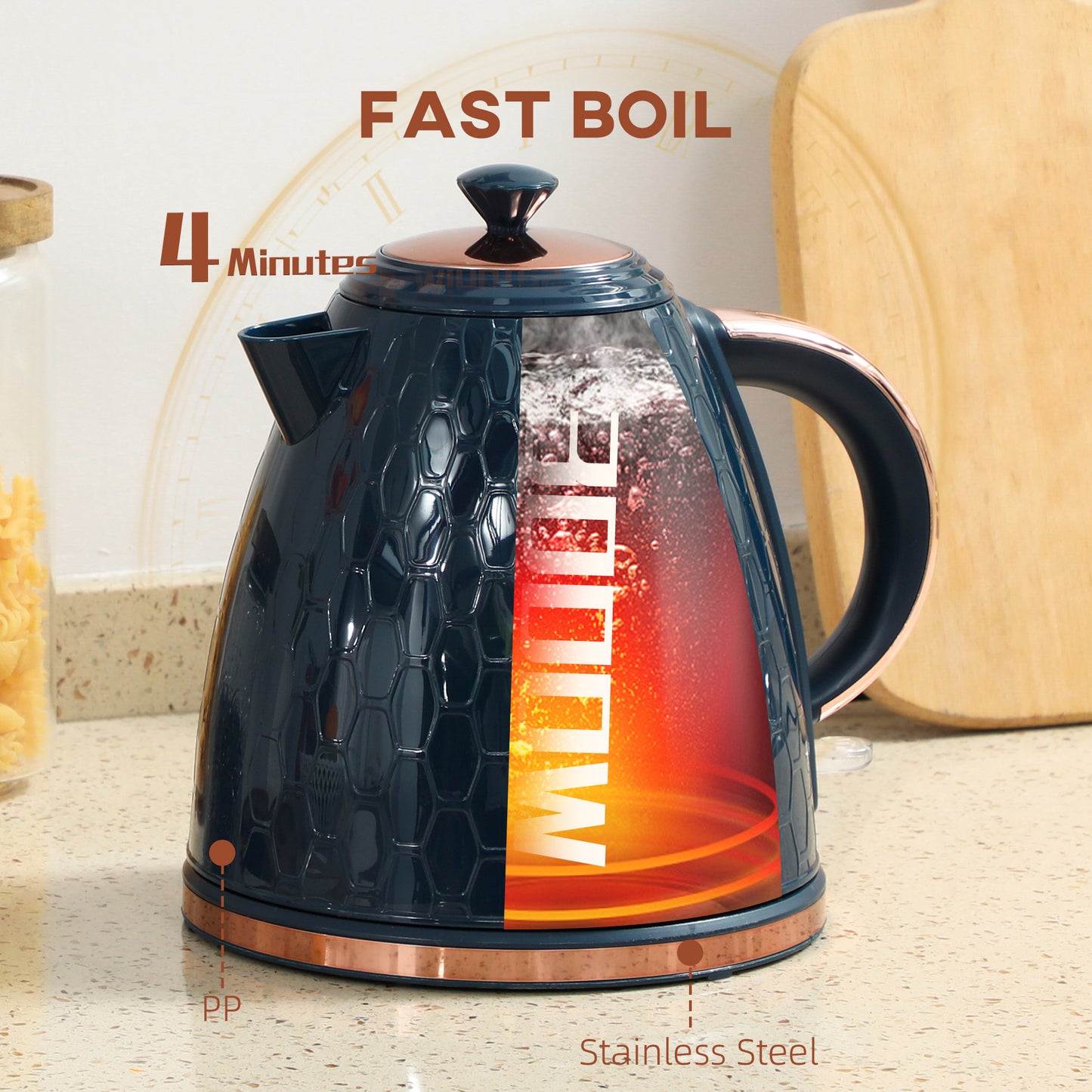 3000W Electric Kettle, Fast Boil, 1.7L, Auto Shut-off, Dark Blue