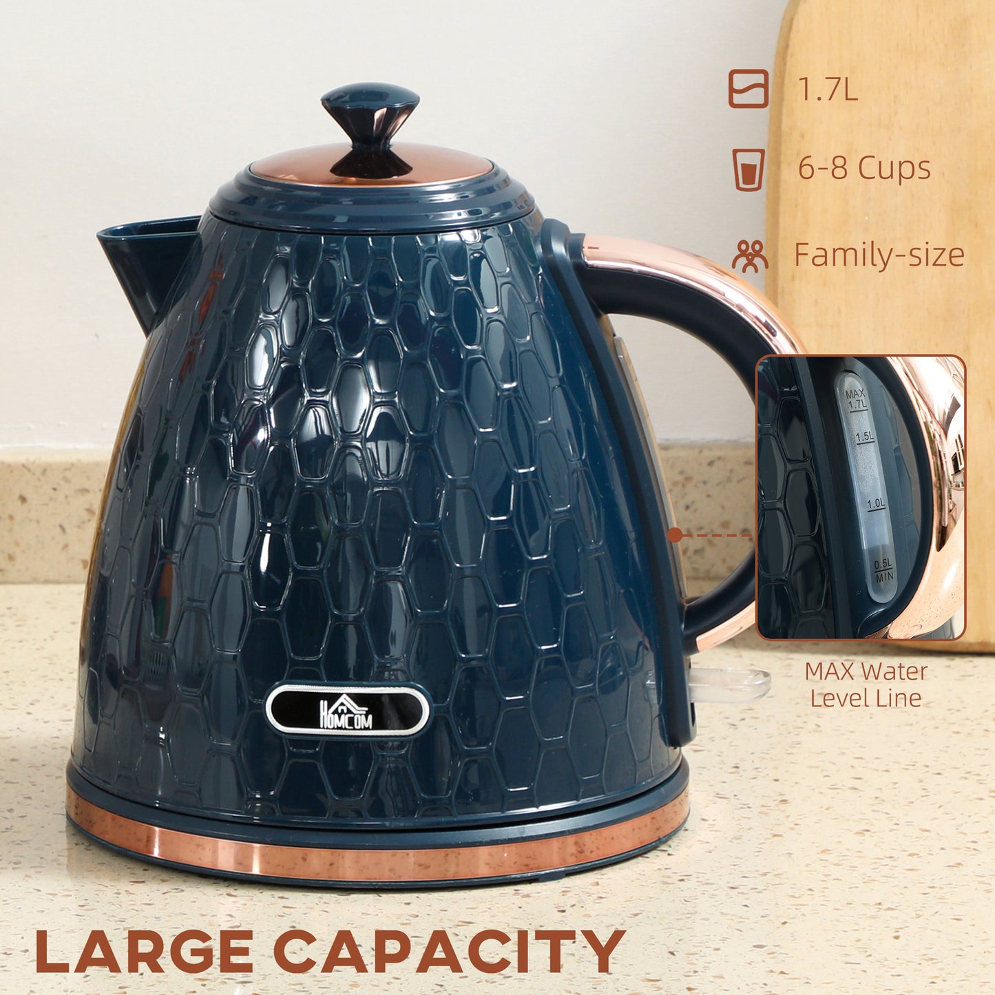 3000W Electric Kettle, Fast Boil, 1.7L, Auto Shut-off, Dark Blue