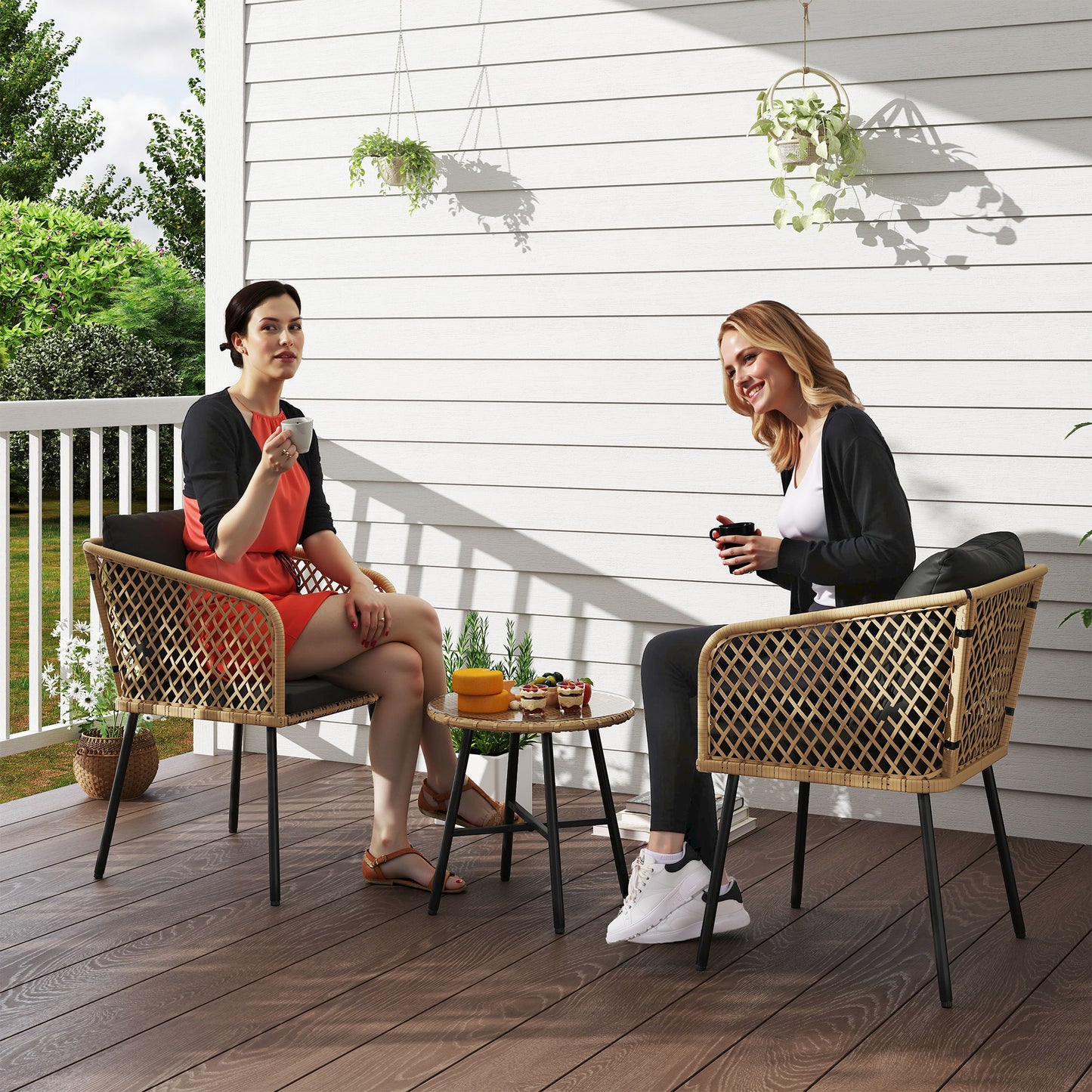 3 Piece Rattan Bistro Set with Cushions, Nature Wood Finish