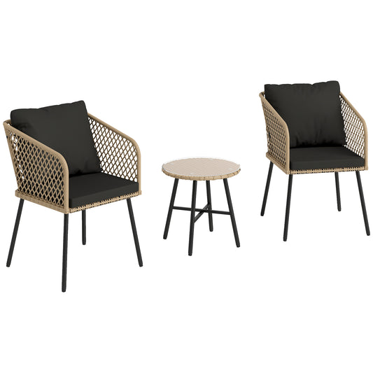 3 Piece Rattan Bistro Set with Cushions, Nature Wood Finish