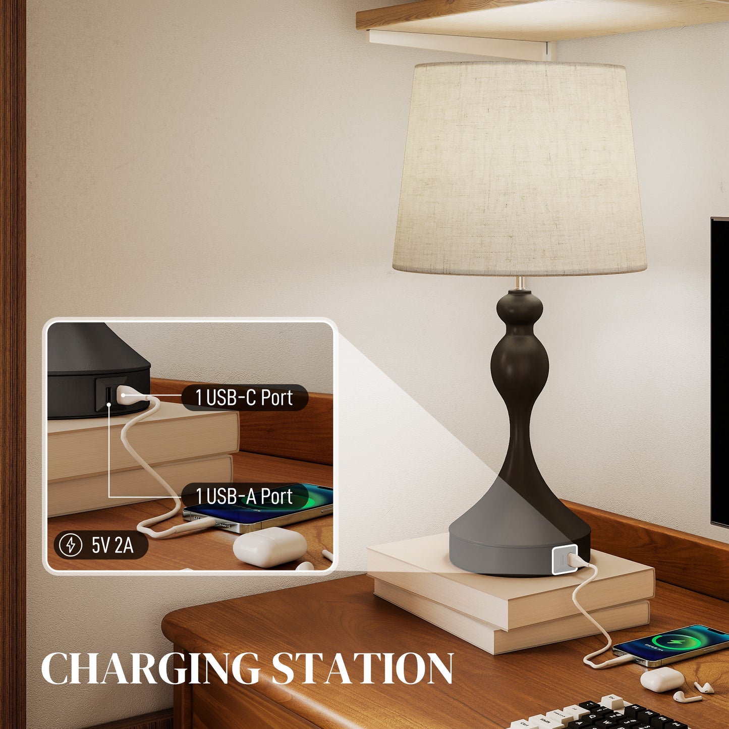 Table Lamps Set of 2, Modern Bedside Lamps with USB Ports, Black