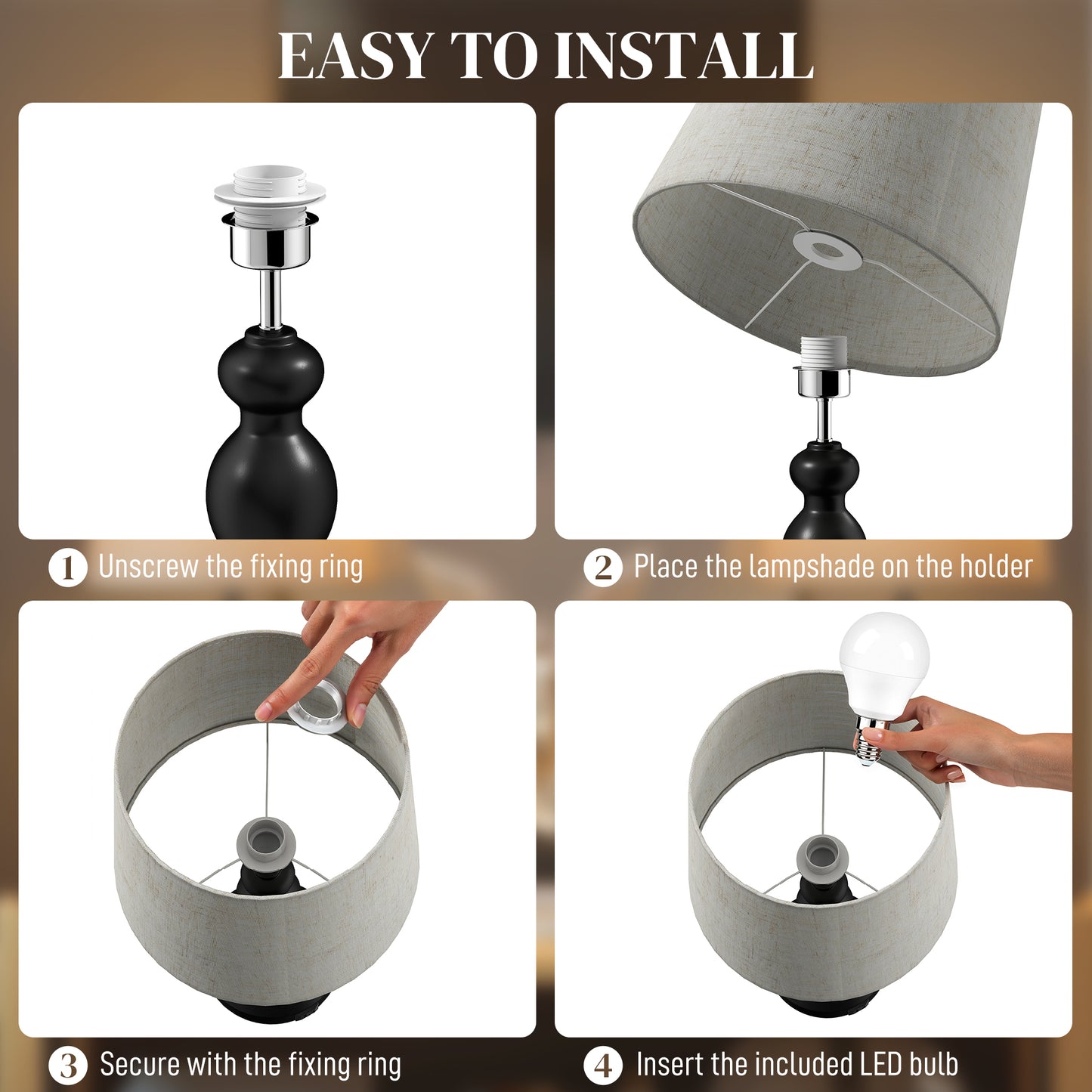 Table Lamps Set of 2, Modern Bedside Lamps with USB Ports, Black