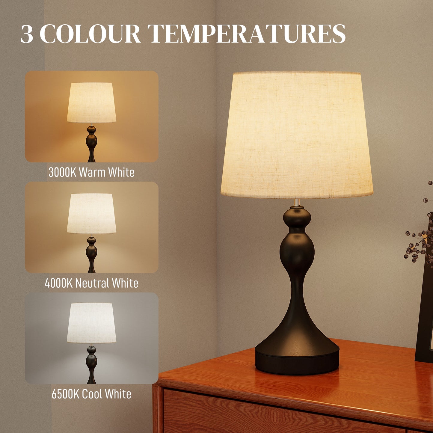 Table Lamps Set of 2, Modern Bedside Lamps with USB Ports, Black