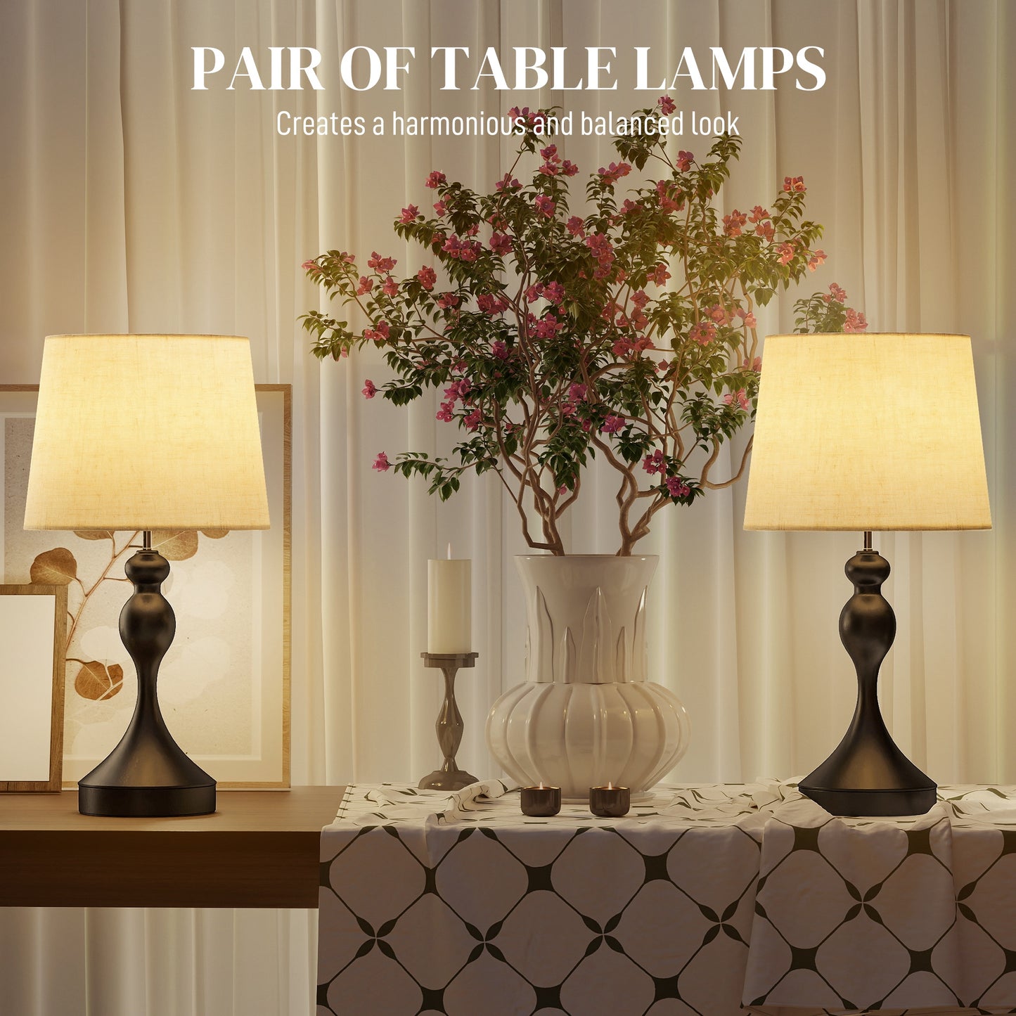 Table Lamps Set of 2, Modern Bedside Lamps with USB Ports, Black