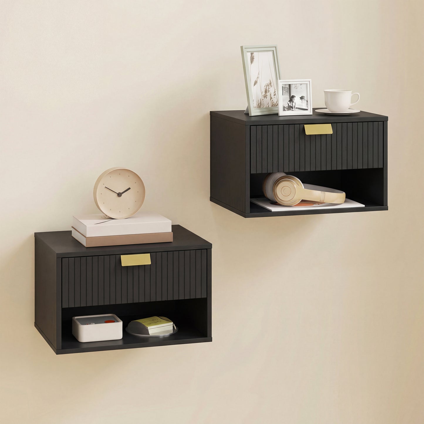 Floating Bedside Tables Set of 2 with Fluted Drawer Open Shelf Black