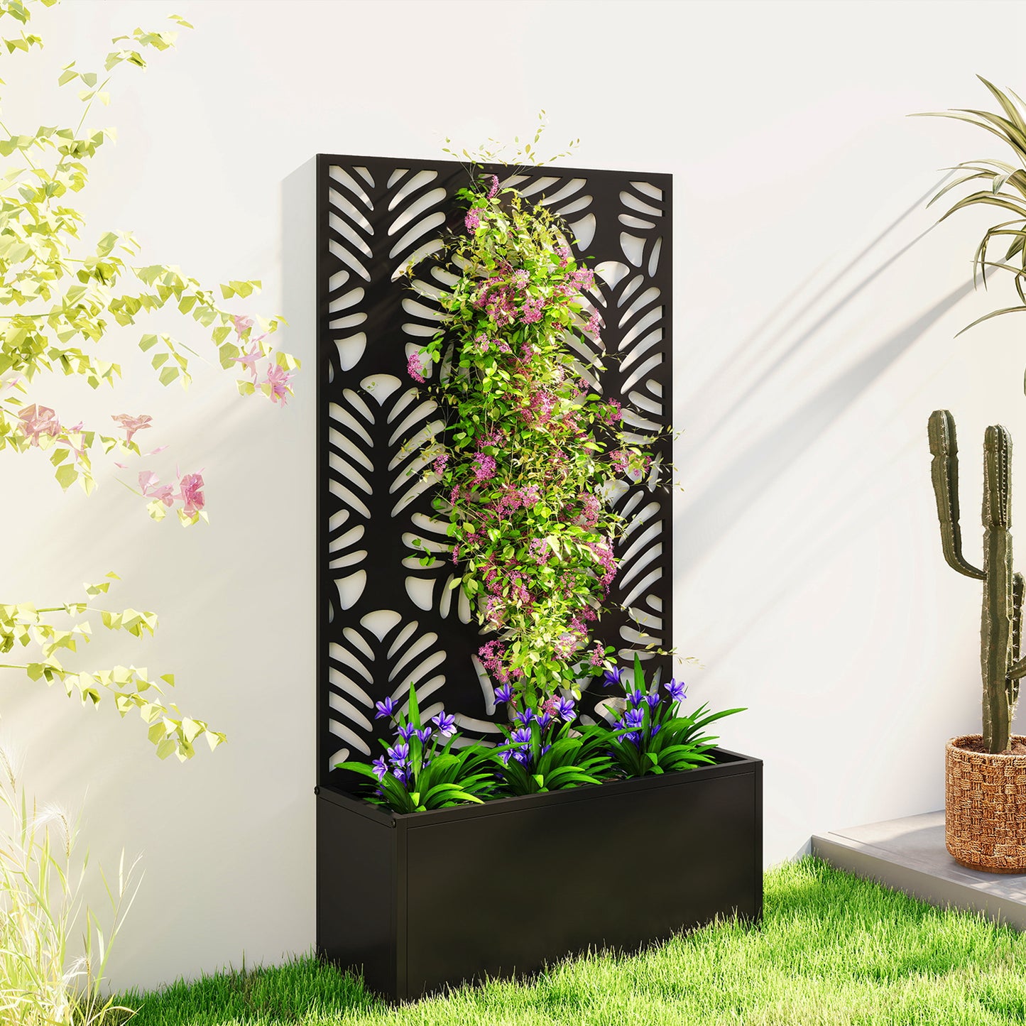 Metal Raised Garden Bed with Trellis, Outdoor Elevated Planter Box