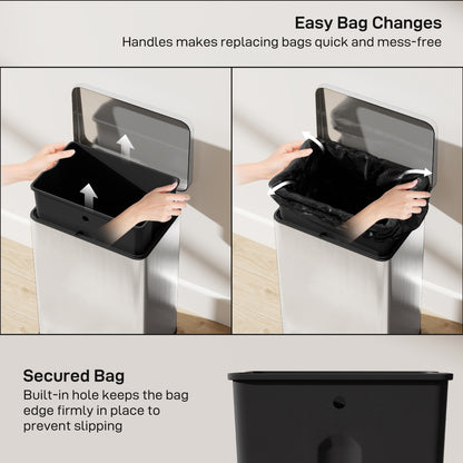 Pedal Bin with Soft-Close Lid, 20L Stainless Steel Kitchen Bin Silver