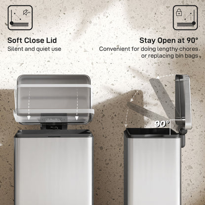 Pedal Bin with Soft-Close Lid, 20L Stainless Steel Kitchen Bin Silver