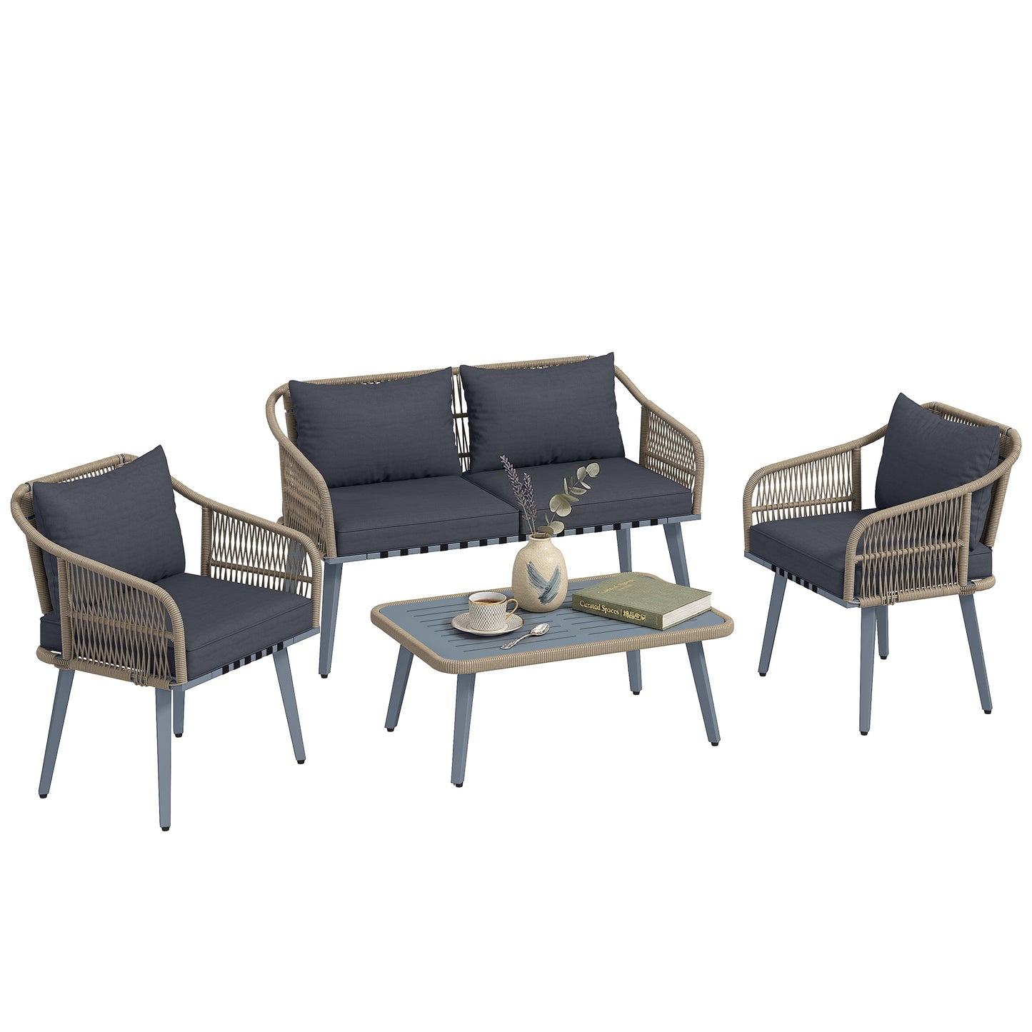 4 Piece Rattan Garden Furniture Set w/ Thick Cushions, Grey