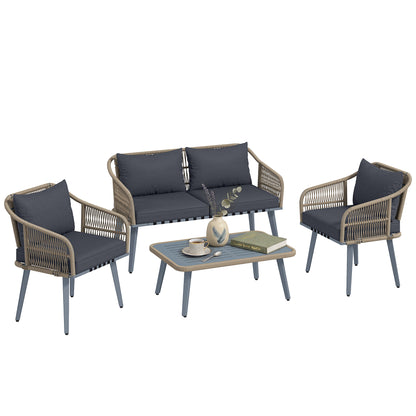4 Piece Rattan Garden Furniture Set w/ Thick Cushions, Grey