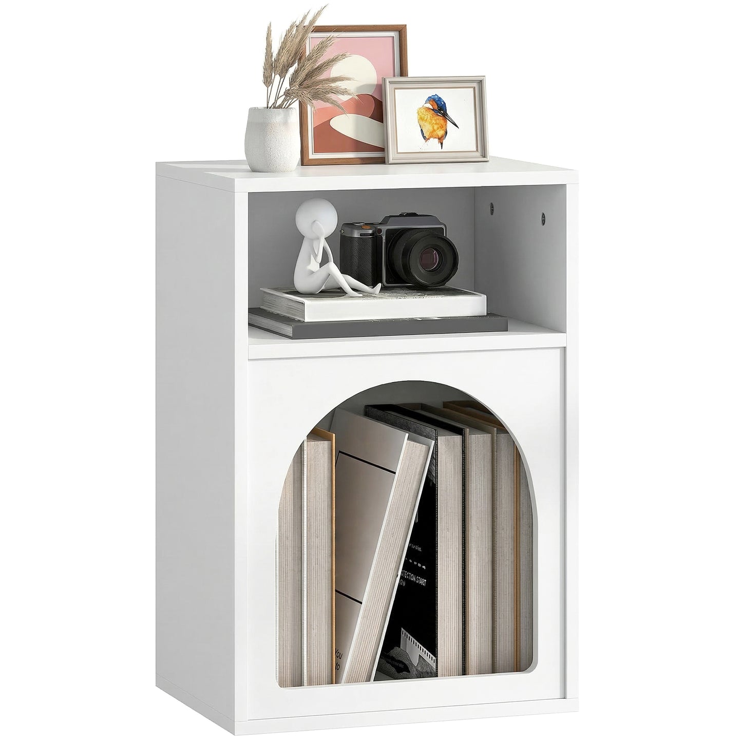 Bedside Table, Modern Bedside Cabinet with 2 Open Compartments and Unique Arch Design, Side Table for Living Room, Bedroom, White