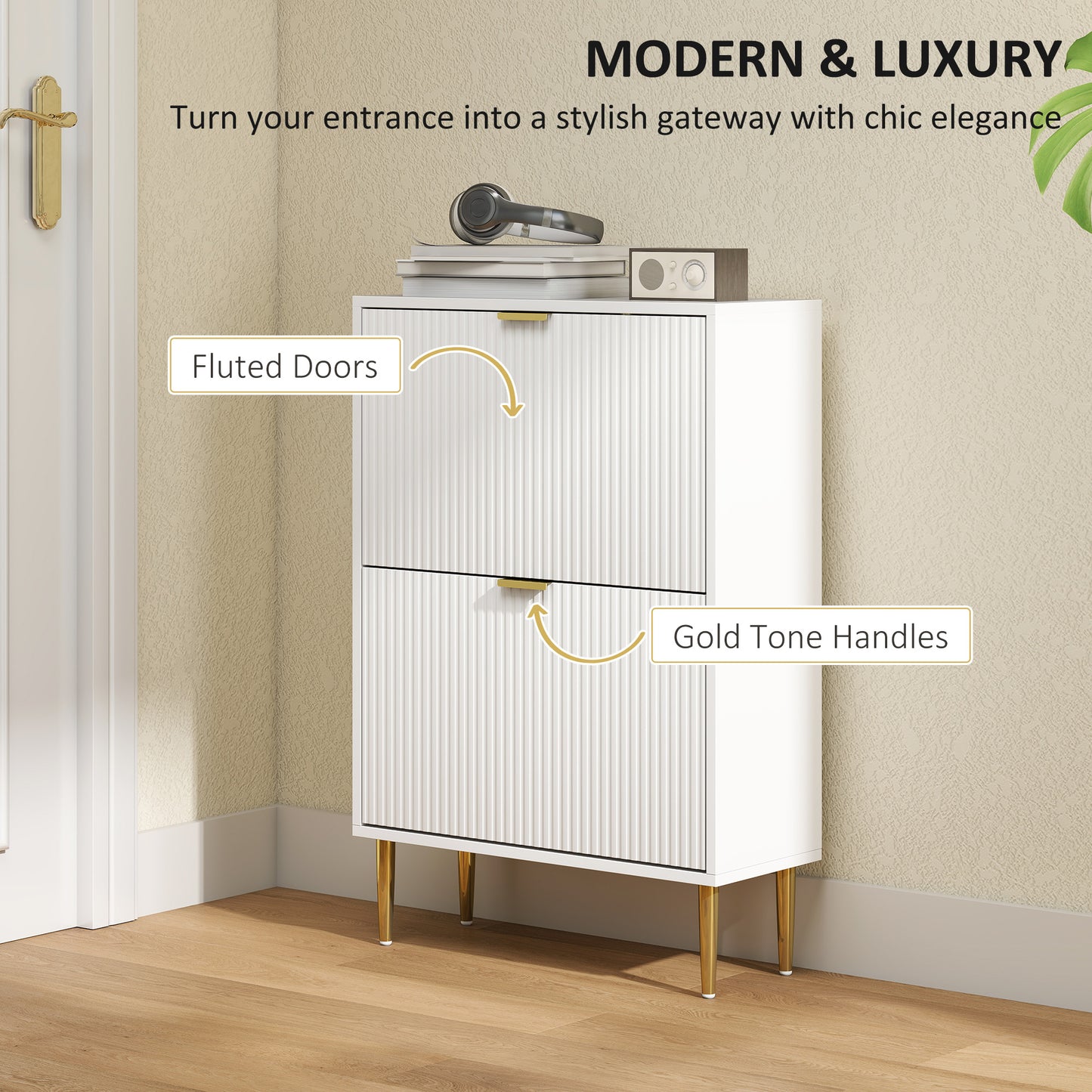 Slim Shoe Storage Cabinet with 2 Flip Drawers for Hallway, White