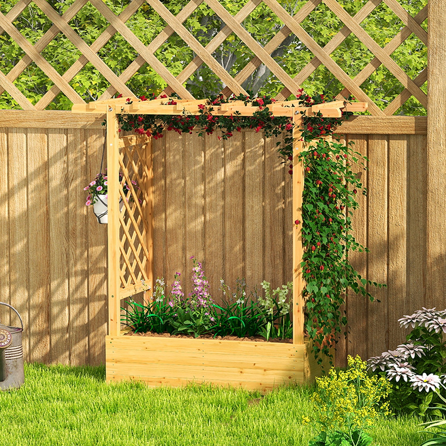 Raised Bed for Garden with Trellis, 110 x 44 x 113 cm, Natural