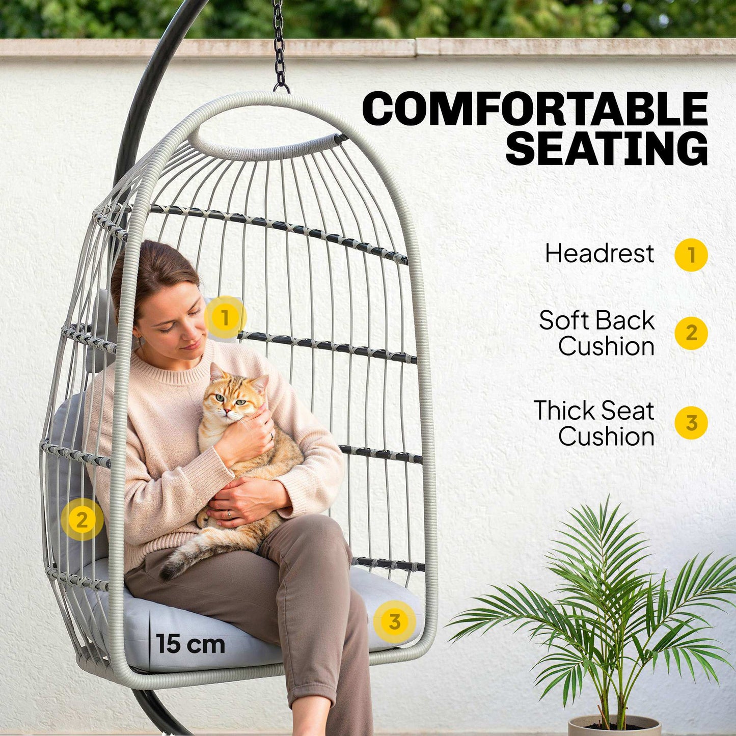 Hanging Egg Chair, Outdoor Swing Chair with Stand, Light Grey