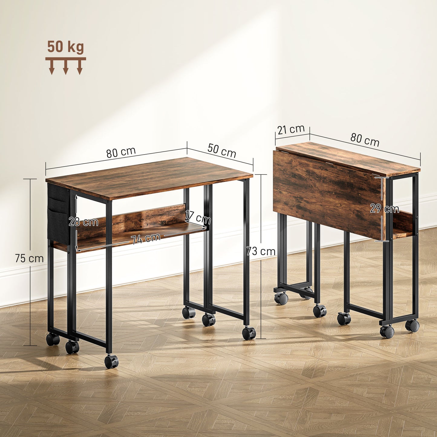 80 cm Foldable Computer Desk on Wheels for Small Spaces Rustic Brown
