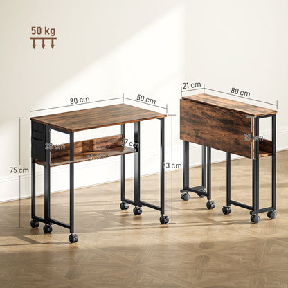 80 cm Foldable Computer Desk on Wheels for Small Spaces Rustic Brown