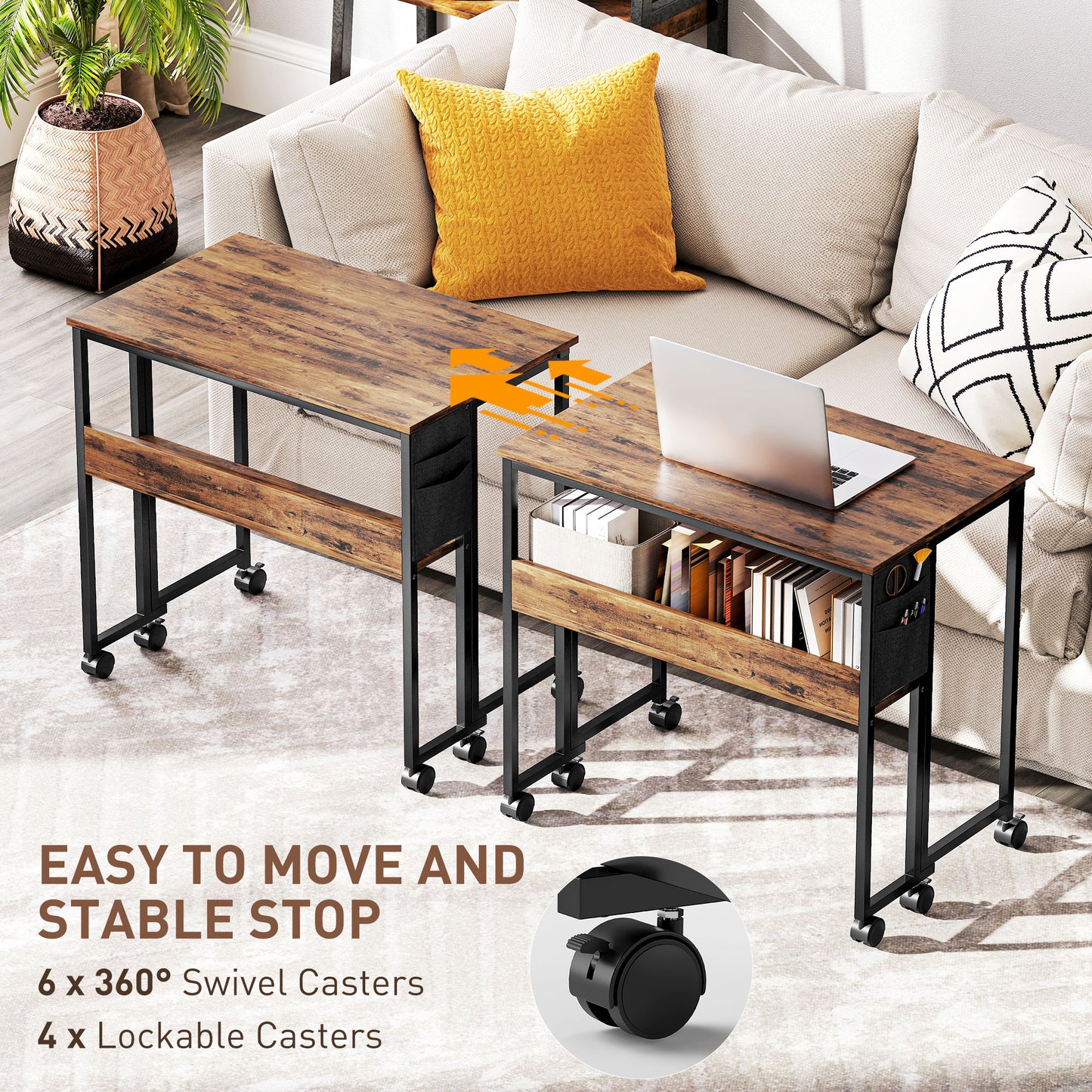 80 cm Foldable Computer Desk on Wheels for Small Spaces Rustic Brown