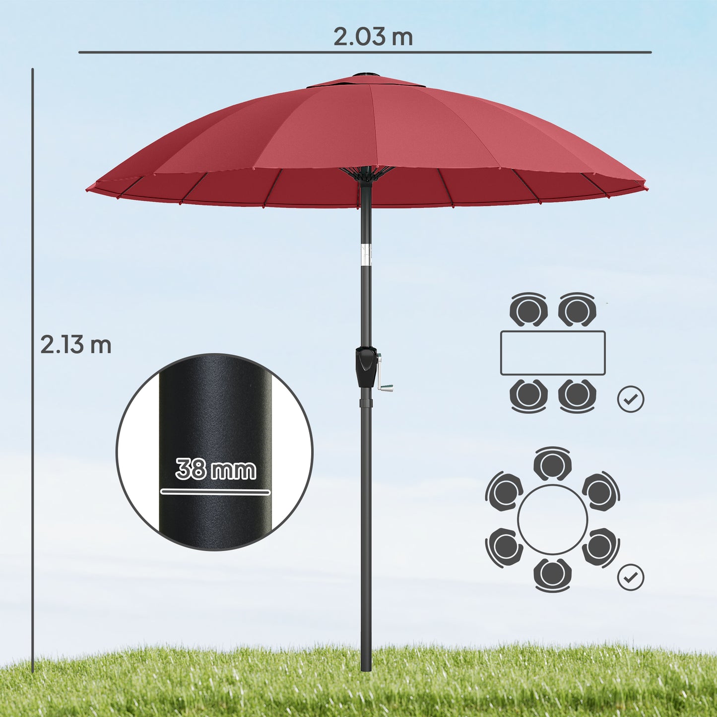 2m Shanghai Garden Parasol Umbrella, Outdoor Sun Shade, Wine Red