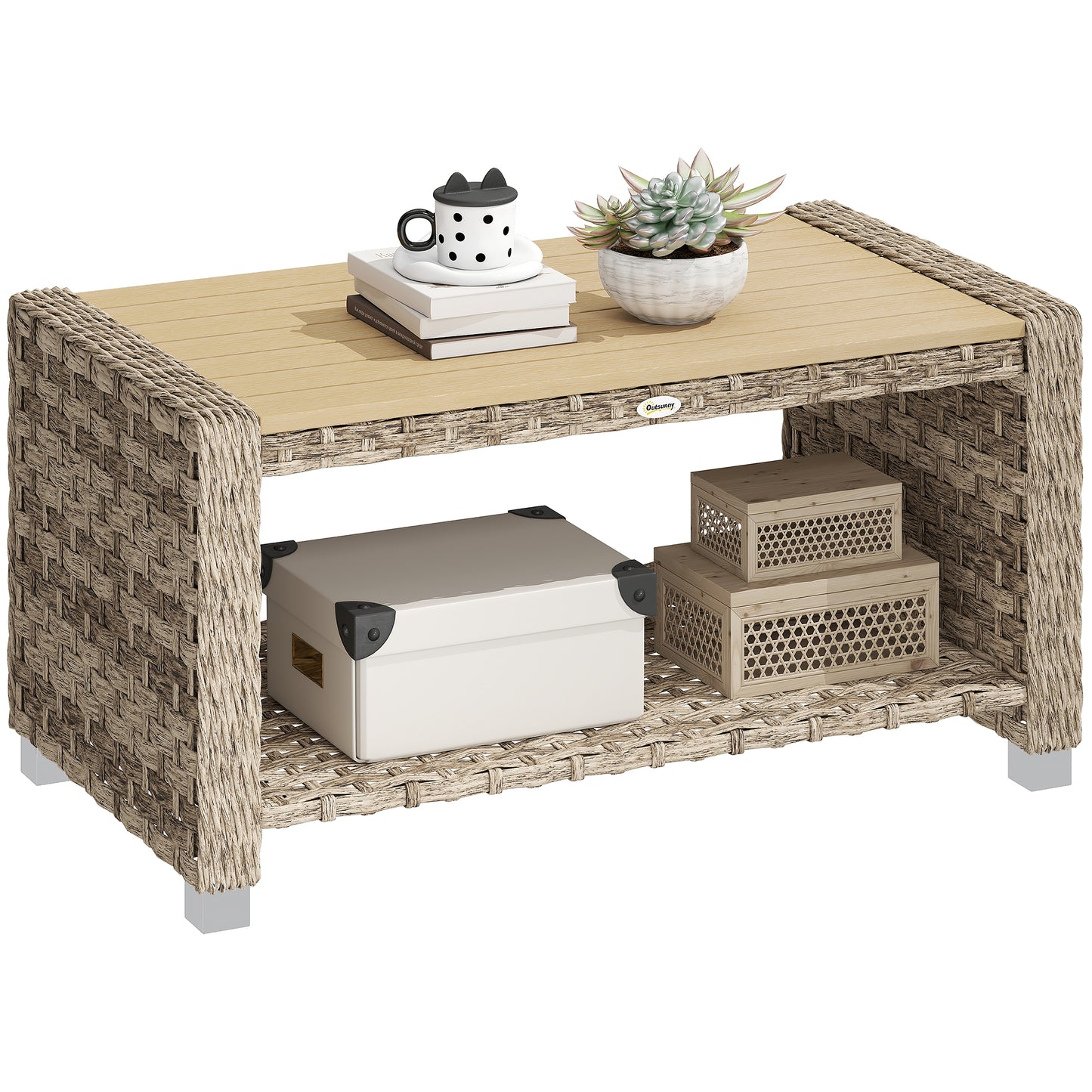 Outdoor Coffee Table with Storage Shelf and Slatted Top, Light Brown