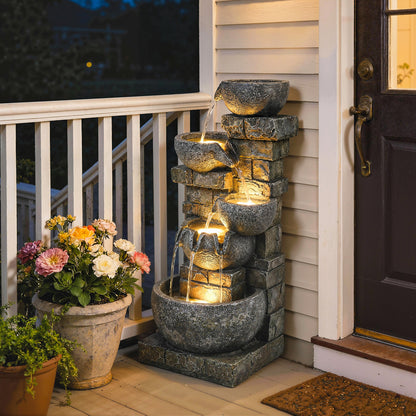5 Tiers Outdoor Water Fountain with LED Lights for Garden, Mixed