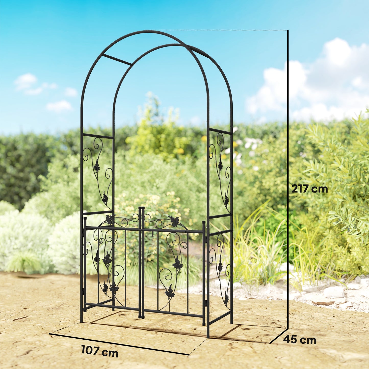 2.17m Steel Garden Arch with Double Gate, Garden Arbor Trellis, Black