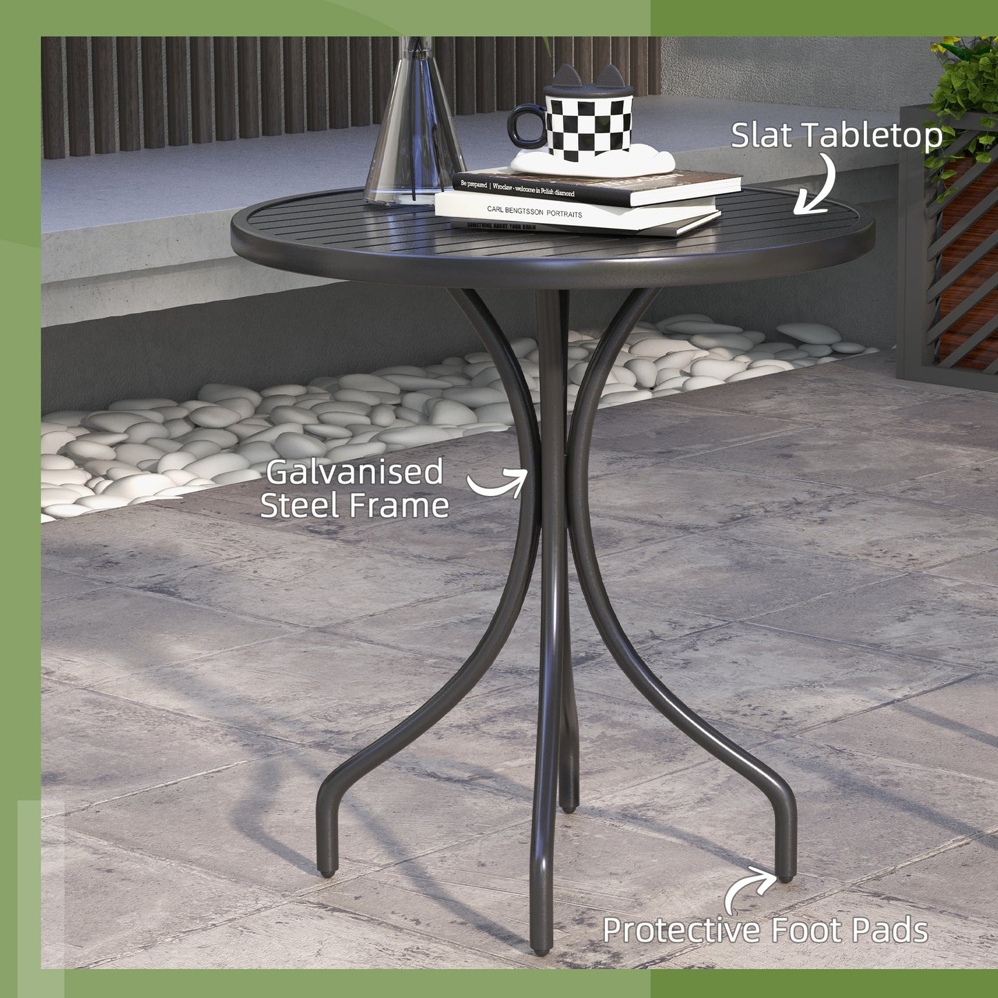 Round Garden Table Outdoor Side Table with Steel Frame Black