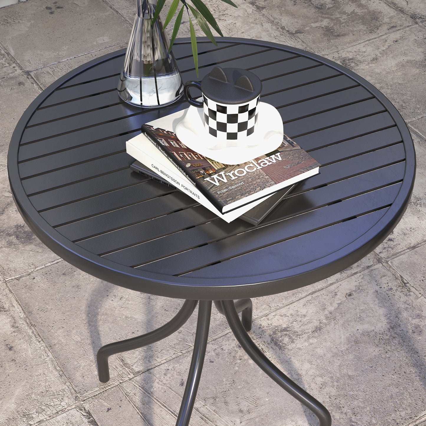 Round Garden Table Outdoor Side Table with Steel Frame Black