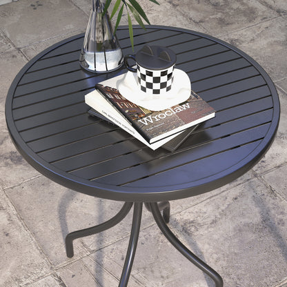 Round Garden Table Outdoor Side Table with Steel Frame Black