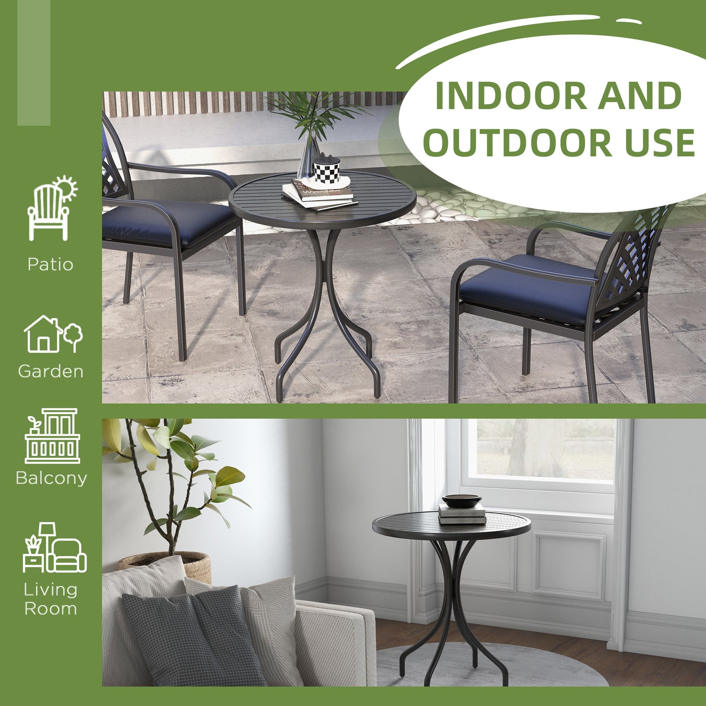 Round Garden Table Outdoor Side Table with Steel Frame Black