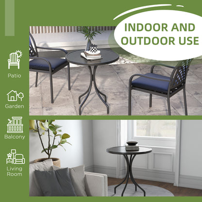 Round Garden Table Outdoor Side Table with Steel Frame Black